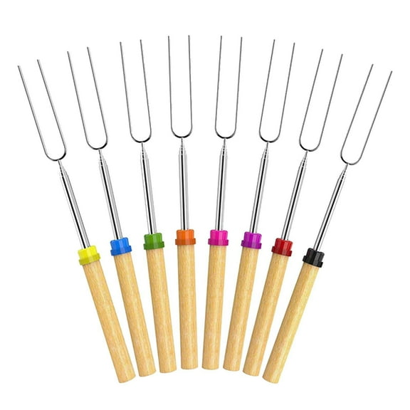 U Shape Adjustable Stainless Steel BBQ Fork Retractable Grill Utensil With Ergonomic Wooden Handle For Outdoor Camping Cooking