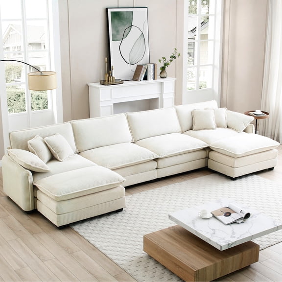 U-Shape Corduroy Sofa with Retro Elements / Fits Different Decor, Double-Layer Cushions