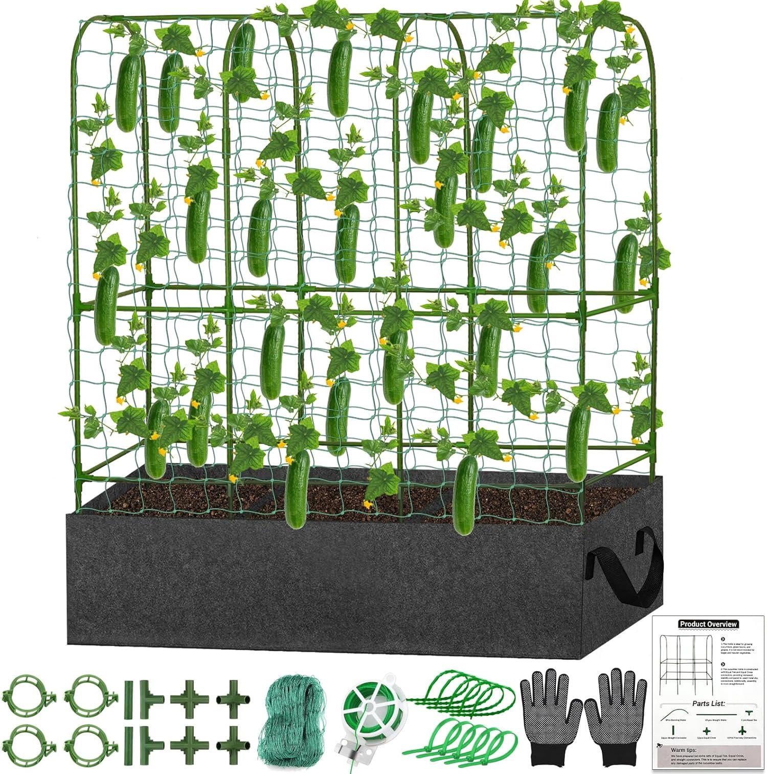 U-Shape Cucumber Trellis with Fabric Raised Garden Bed 65x50 Inch Metal Garden Arch Trellis with Net, Climbing  Vegetables Heavy-Duty Outdoor  Support for Pea, Grape, Squash, Tomatoes