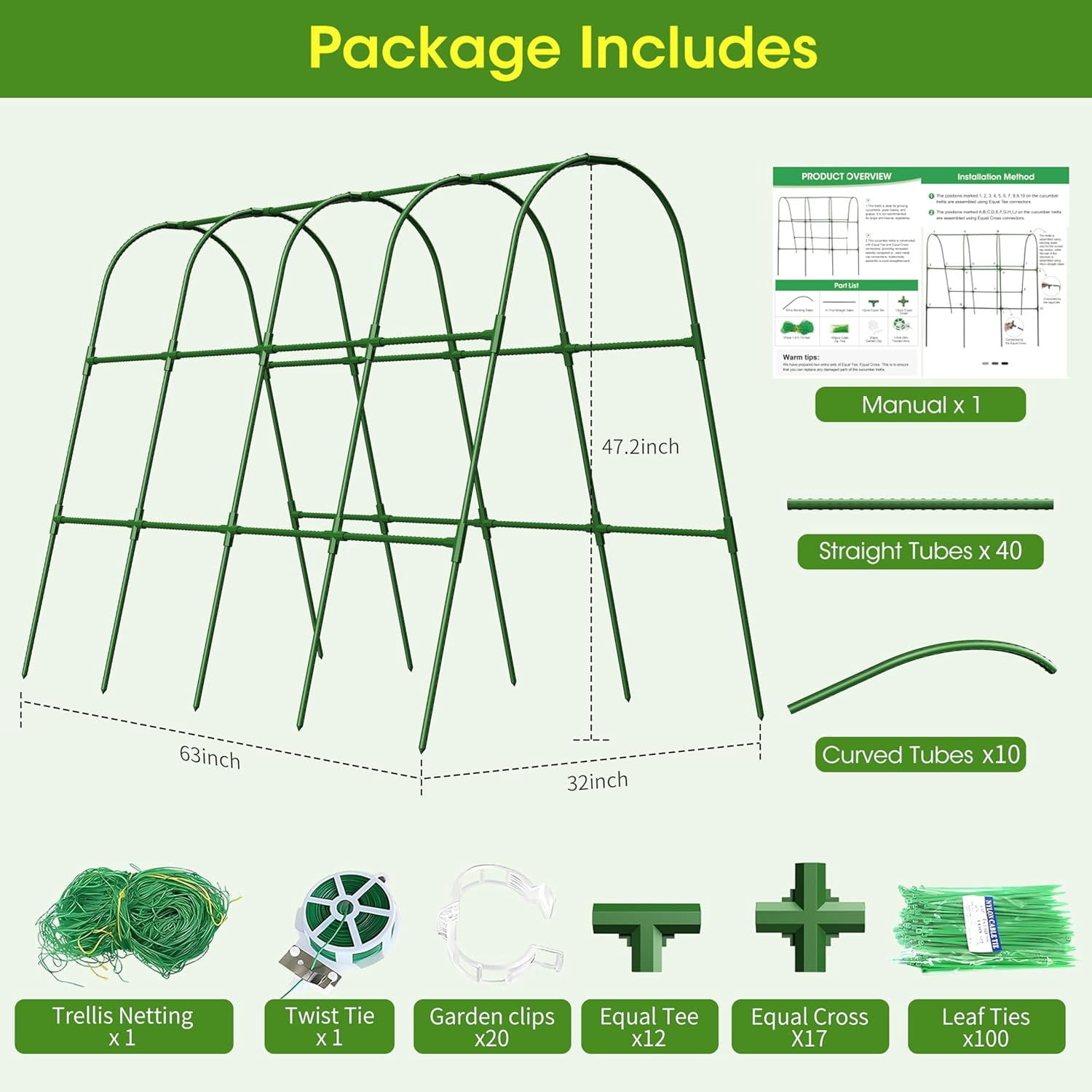 U-Shape Cucumber Trellis for Raised Bed, Metal Arch Garden Plant Support Structure with Rustproof Coating, Green, 63" Lx21.6 Wx47.2 H-Large