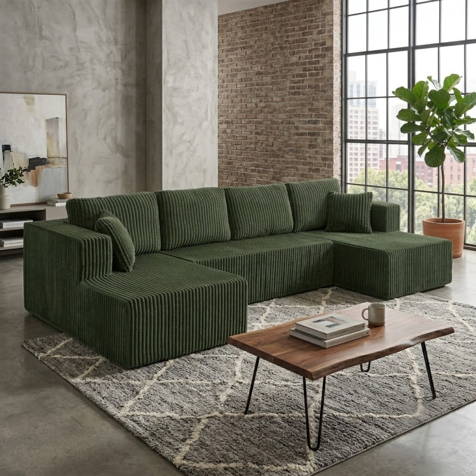 U Shape Modular Sectional Sofa with Chaise, Modern Minimalist Corduroy Couch with Sleeper Design, Comfy Space-Efficient Modular Sofa Set for Living Room, Apartment