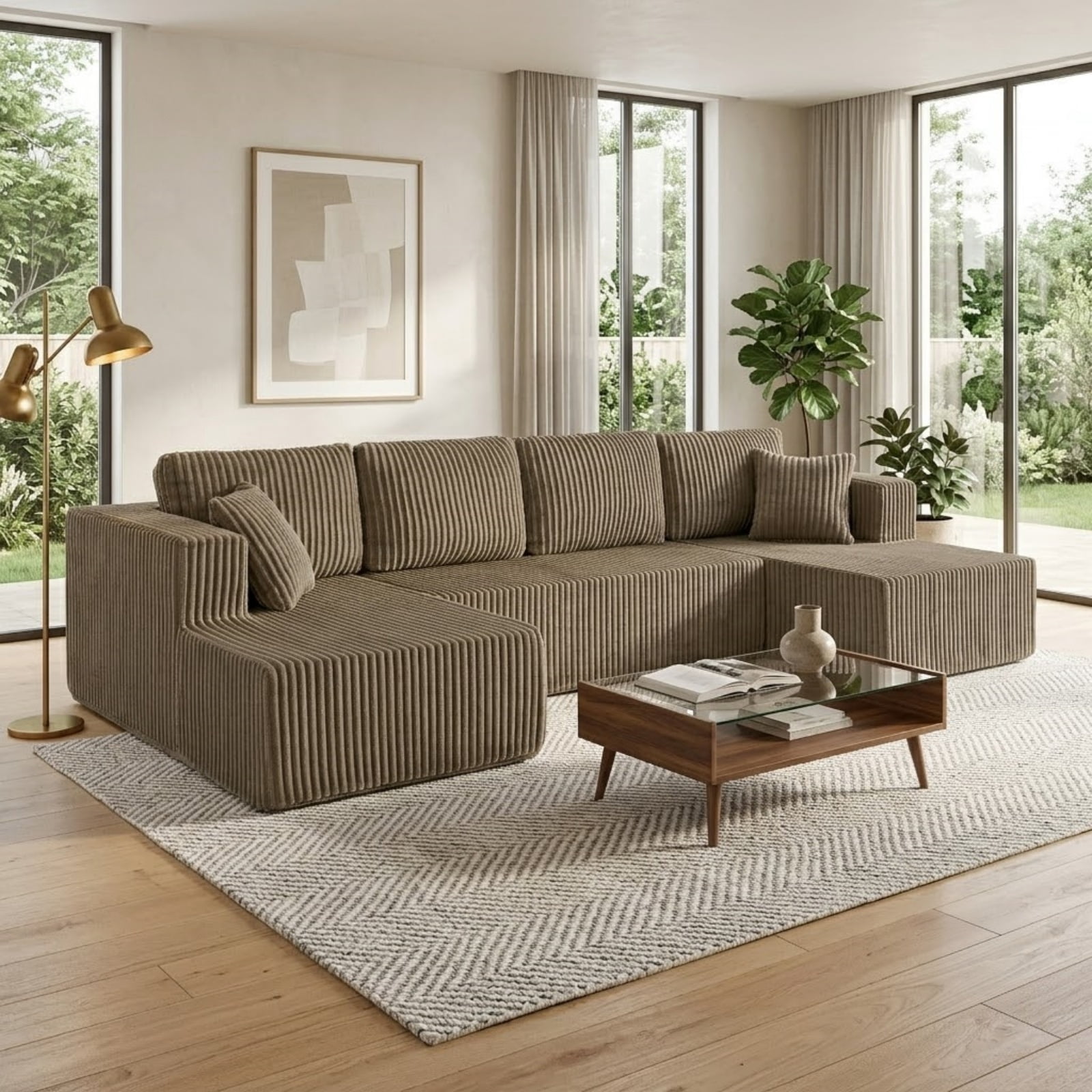 U Shape Modular Sectional Sofa with Chaise, Modern Minimalist Corduroy Couch with Sleeper Design, Comfy Space-Efficient Modular Sofa Set for Living Room, Apartment