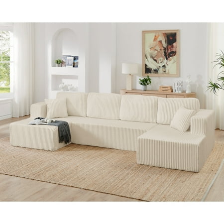 U Shape Modular Sectional Sofa – Compressed Corduroy Couch with Sleeper Function, Modern Minimalist Style, Space-Efficient Design for Living Room, Bedroom, Apartment, Beige, 5-Seat,
