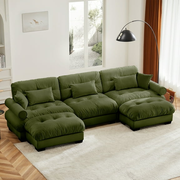 U Shape Modular Sectional Sofa Couch in Olive Green Velvet | Modern 3-Seat Corner Sofa with 2 Movable Ottomans & Bolster Pillows for Living Room Comfort