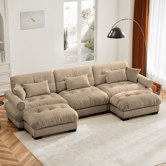 U Shape Modular Sectional Sofa Couch with Two Movable Ottomans, Modern 3 Seat Corner Sofa with Waist Pillows, Throw Pillows and Blostered Armrests, Convertible U Shaped Couch for Living (Camel)