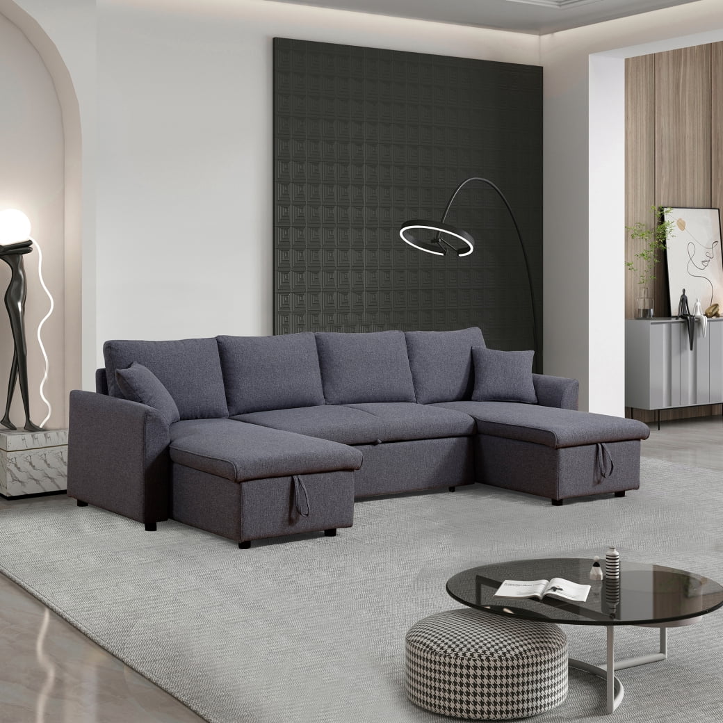 U-Shape Pull-out Sectional Sofa with Double Storage Spaces, 113 inch ...