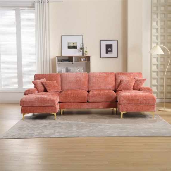 U-Shape Sectional Sofa with Pillows, Large Chenille Fabric 6-Seater Sofa with Metal Legs and Soft Paded Seat, Modern Accent Sofa Couch for Living Room Apartment Large Space