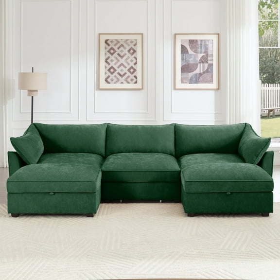 U-Shaped 3-Seater Sectional Sofa with Storage & 2 Ottomans - Green Corduroy-like Chenille Fabric, Deep Seat Living Room Couch, Modular Design with Pull-Out Drawers