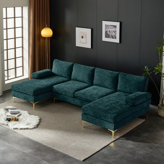 Triple Tree Chenille U Shaped Double Chaise Modular Sofa, Green