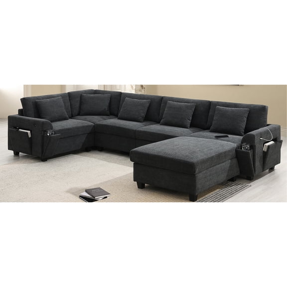 U-Shaped 6-Seat Sofa with Removable Ottoman and Hidden Storage / Practical for Entertaining in Living Spaces