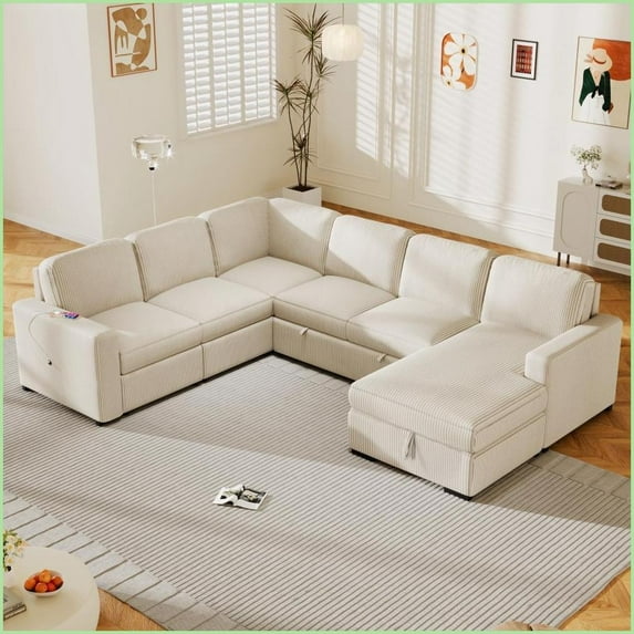 U-Shaped 6-Seater Corduroy Corner Sofa with Storage & USB – Ideal for Living Room/Office | Beige | Square Arms | Polyester