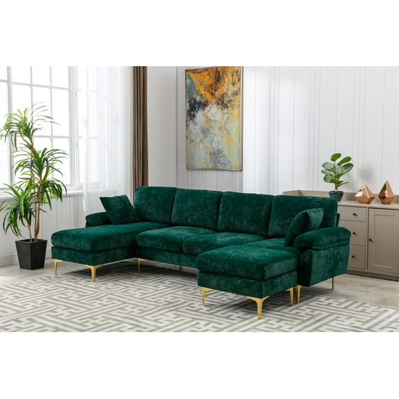 U-Shaped Accent Sofa Couches with Movable Soft Ottoman, Sectional Sofa Couch Set with 2 Pillows and Golden Metal Legs, Sofa Couch Furniture Set for Living Room, Emerald