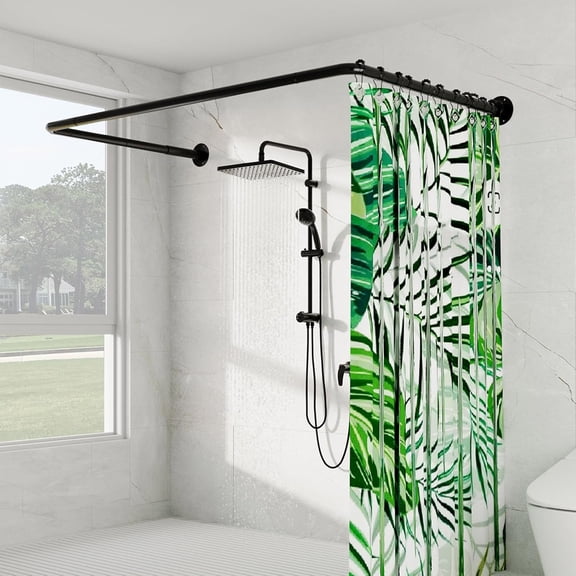 U-Shaped Adjustable Black Shower Curtain Rod with Ceiling Support, 23"52" Side Arms and 31"46.5" Middle Section, Stainless Steel