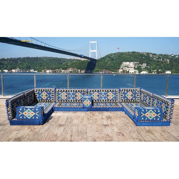 U Shaped Arabic Floor Sofa Set, Blue Floor Cushions, Patio Sofas, Terrace Sofa, Moroccan Sofas, Turkish Sofa Seating Set