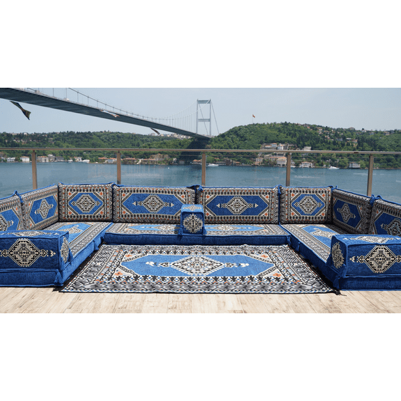 U Shaped Blue Arabic Floor Sofa Set, Floor Cushions, Patio Sofas, Terrace Sofa, Ethnic Sofa, Moroccan Sofas, Turkish Sofa