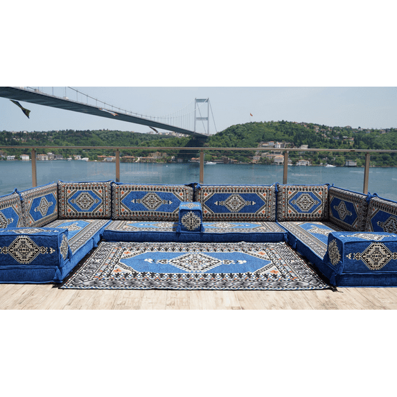 U Shaped Blue Arabic Floor Sofa Set, Floor Cushions, Patio Sofas, Terrace Sofa, Ethnic Sofa, Moroccan Sofas, Turkish Sofa