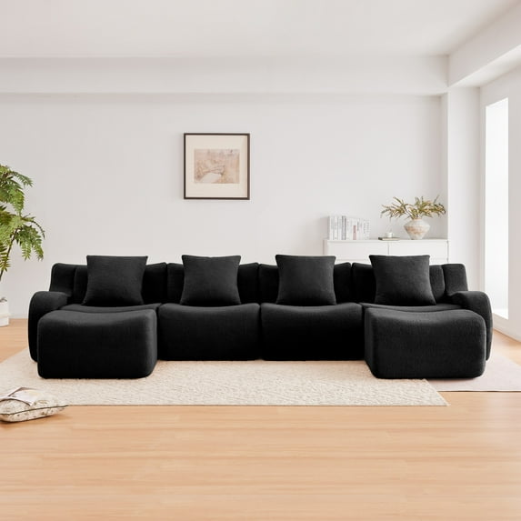 U-Shaped Boneless Sofa, Teddy Fabric, No assembly Required Curved armrest, Anti-slip Design, Streamlined Design 32D High Density Sponge, Full Compression Vacuum Packag for Studies living Rooms(Black)