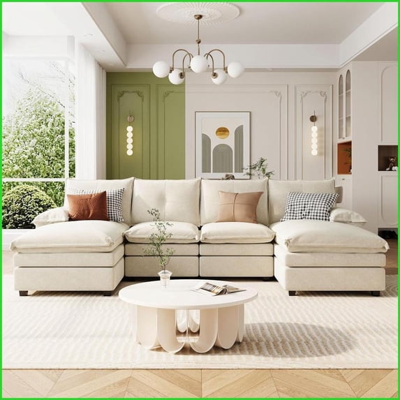 U-Shaped Chenille 6-Seat Sectional Sofa with Adjustable Armrest Pillows – Durable Solid Wood Frame for Living Rooms & Offices | Polyester | Pillow Back | Beige