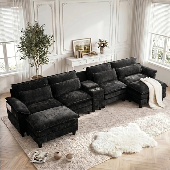 AISWORD U Shaped Cloud Couch Sectional, Oversized Modular Sofa with USB Charging, Hidden Storage, Cup Holders & Double Chaise for Living Room, Black
