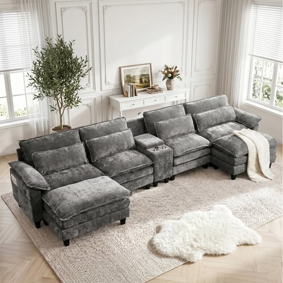 AISWORD U Shaped Cloud Couch Sectional, Oversized Modular Sofa with USB Charging, Hidden Storage, Cup Holders & Double Chaise for Living Room, Grey