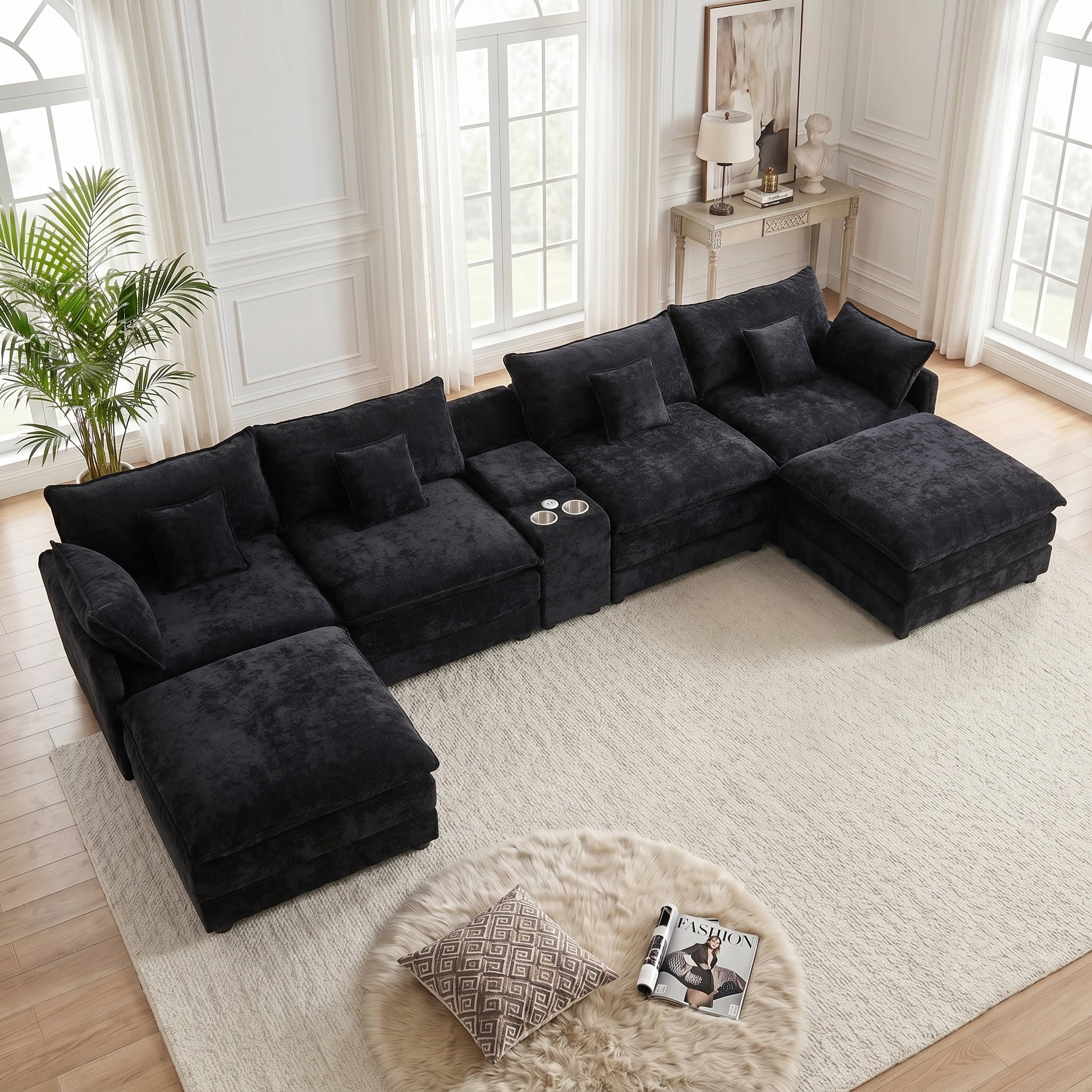 ANPPORT 145" U Shaped Cloud Modular Sectional Sofa, Chenille Deep Seat Couch with Storage Console, USB Ports & Cup Holders for Living Room, Black