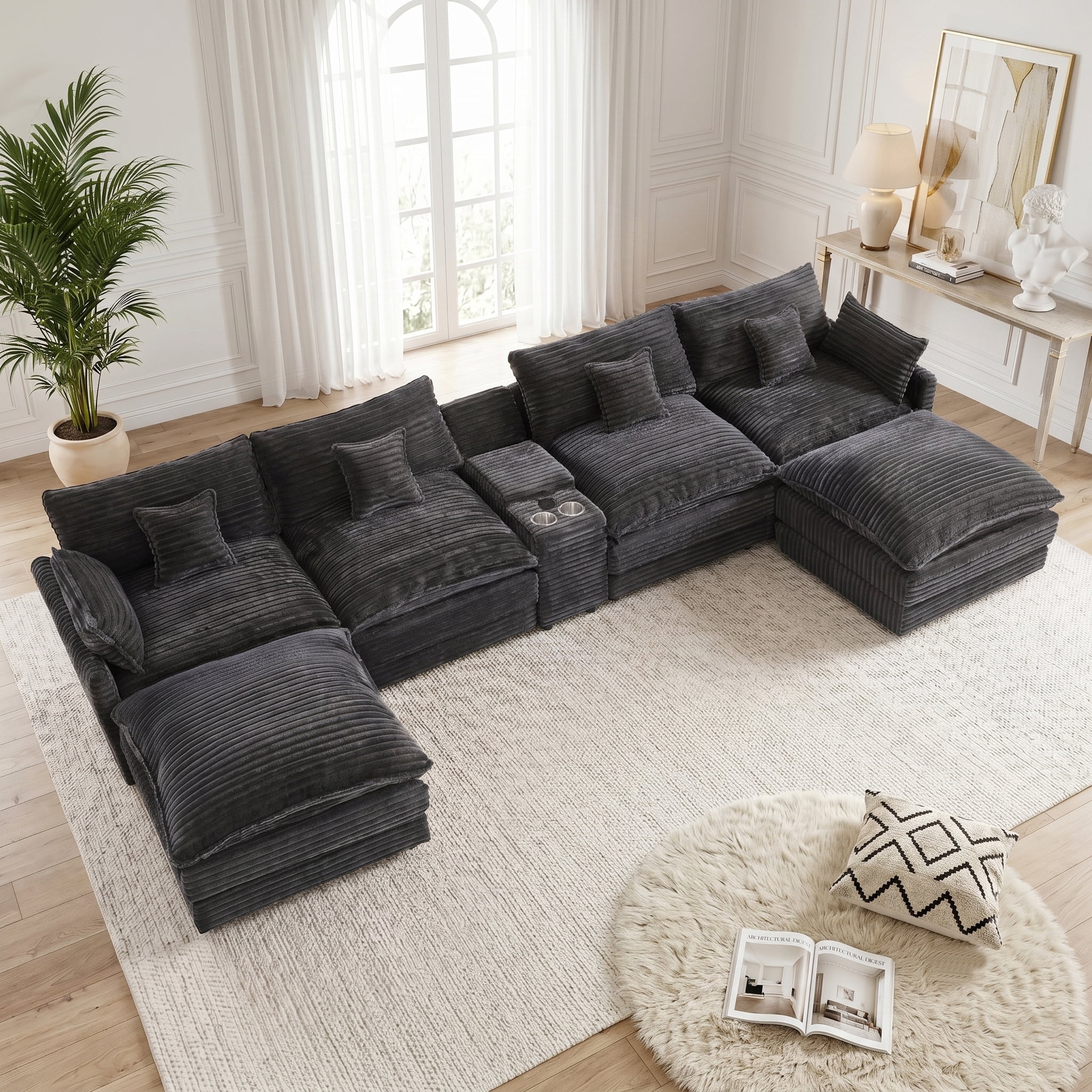 ANPPORT Luxury 145" U Shaped Cloud Modular Sectional Sofa, Corduroy Deep Seat Couch with Storage Console, USB Ports & Cup Holders for Living Room, Grey