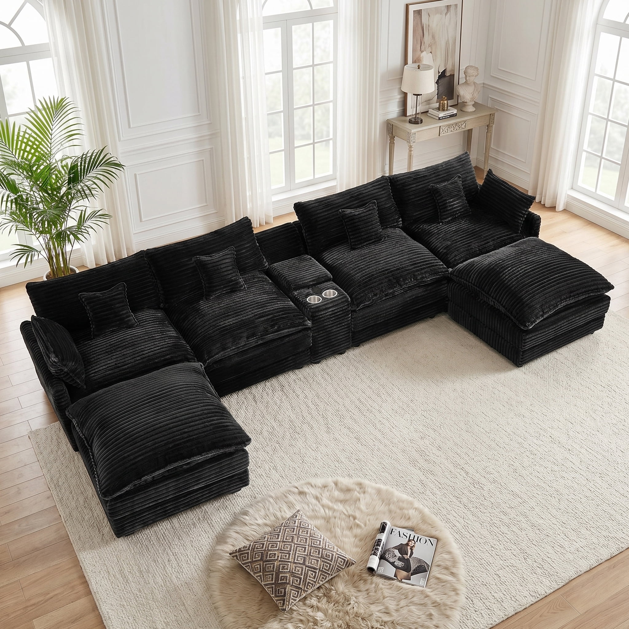 ANPPORT Luxury 145" U Shaped Cloud Modular Sectional Sofa, Corduroy Deep Seat Couch with Storage Console, USB Ports & Cup Holders for Living Room, Black