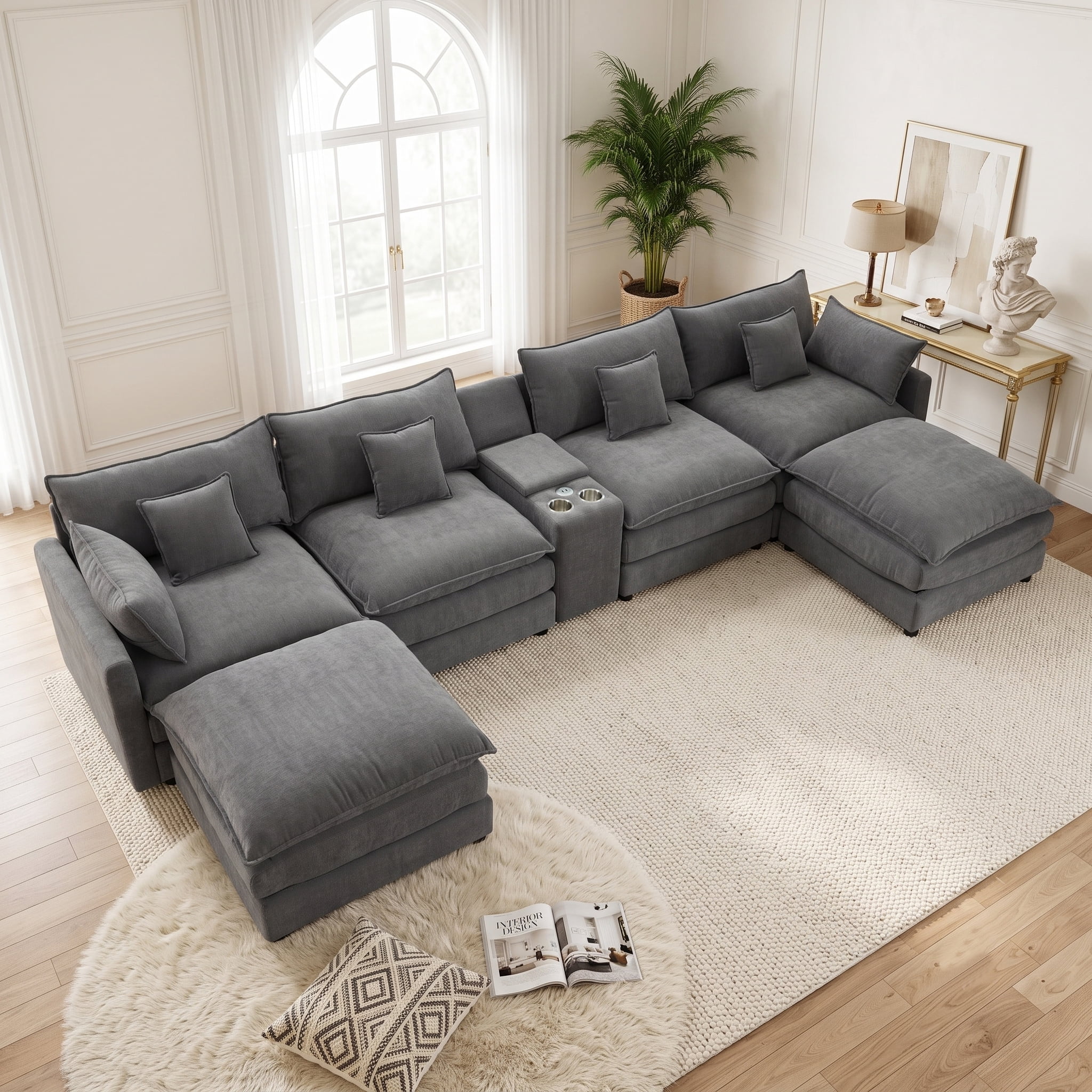 ANPPORT 145" U Shaped Cloud Modular Sectional Sofa, Chenille Deep Seat Couch with Storage Console, USB Ports & Cup Holders for Living Room, Grey