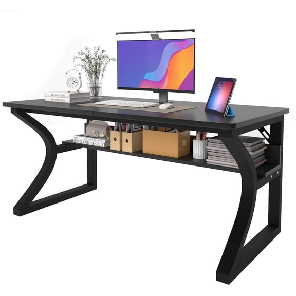 U-Shaped Computer Desk, 55" Home Office Desk with Storage Shelf and Cable Management, Scratch-Resistant MDF Desktop