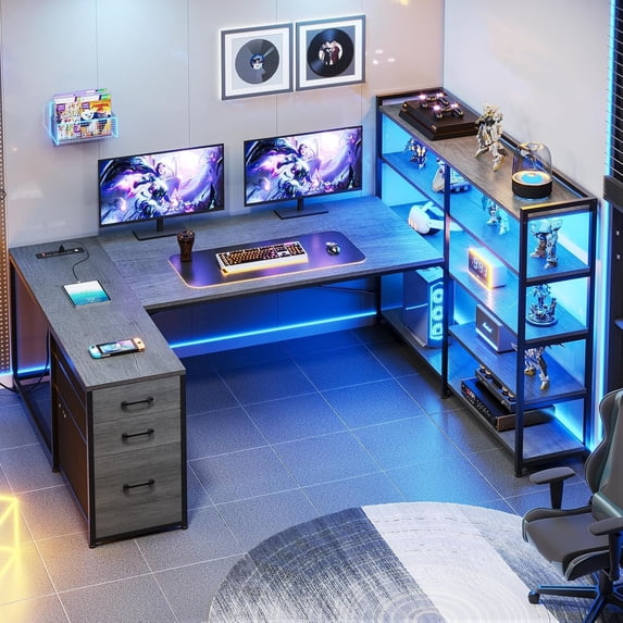 U Shaped Computer Desk with 3 Fabric Drawers and 5-tier Storage Shelves, Home Office Desk with LED Lights