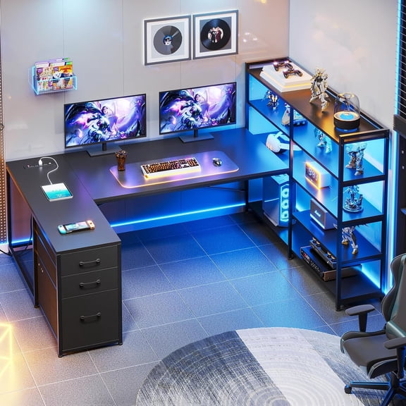 U Shaped Computer Desk with 3 Fabric Drawers and 5-tier Storage Shelves, Home Office Desk with LED Lights