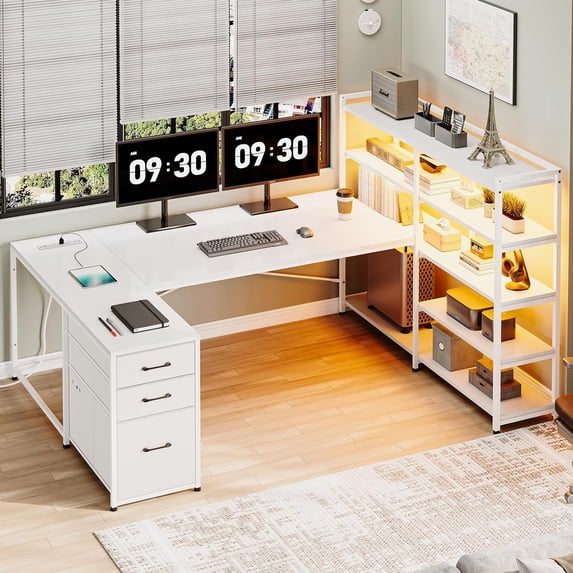U Shaped Computer Desk with 3 Fabric Drawers and 5-tier Storage Shelves, Home Office Desk with LED Lights