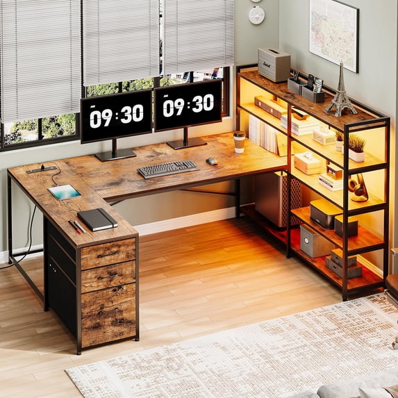 U Shaped Computer Desk with 3 Fabric Drawers and 5-tier Storage Shelves, Home Office Desk with LED Lights