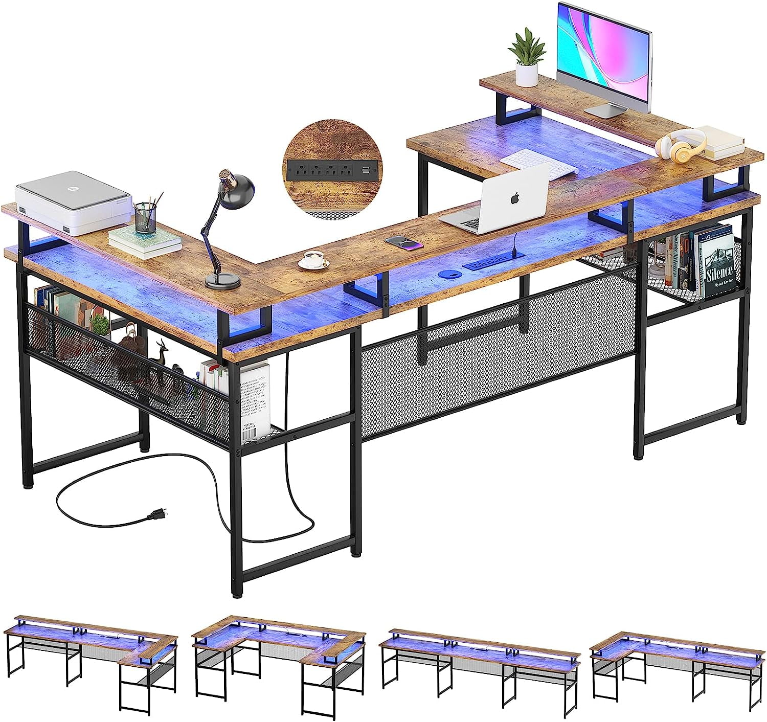 U Shaped Computer Desks, Reversible Office Desk with LED Strip and
