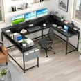 thumbnail image 1 of U Shaped Computer Gaming Desk, Reversible L Shaped Desk with Power Outlets, LED Strip & Monitor Stand, Large Corner Desk with Storage Shelves for Home Office, 1 of 9