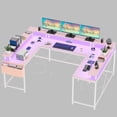 thumbnail image 1 of U Shaped Computer Gaming Desk with  LED Lights & Power Outlets 79"  Inch Corner Office Desk with Monitor Stands U Shaped Gaming Desk Pink, 1 of 7