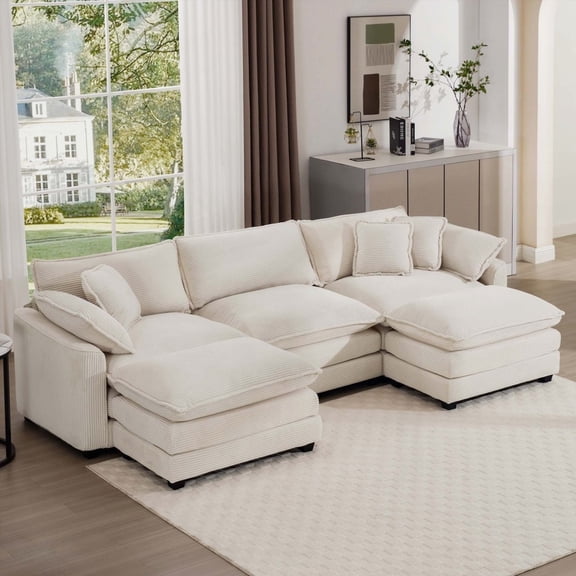 Modern U-Shaped Convertible Sectional Sofa with Light Beige Corduroy, 220×80×75cm