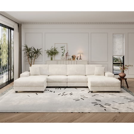U-Shaped Convertible Sectional Couch, 4-Seat Boneless Sofa with Reversible Chaise - Soft Corduroy Fabric, Modern Living Room Furniture, Beige
