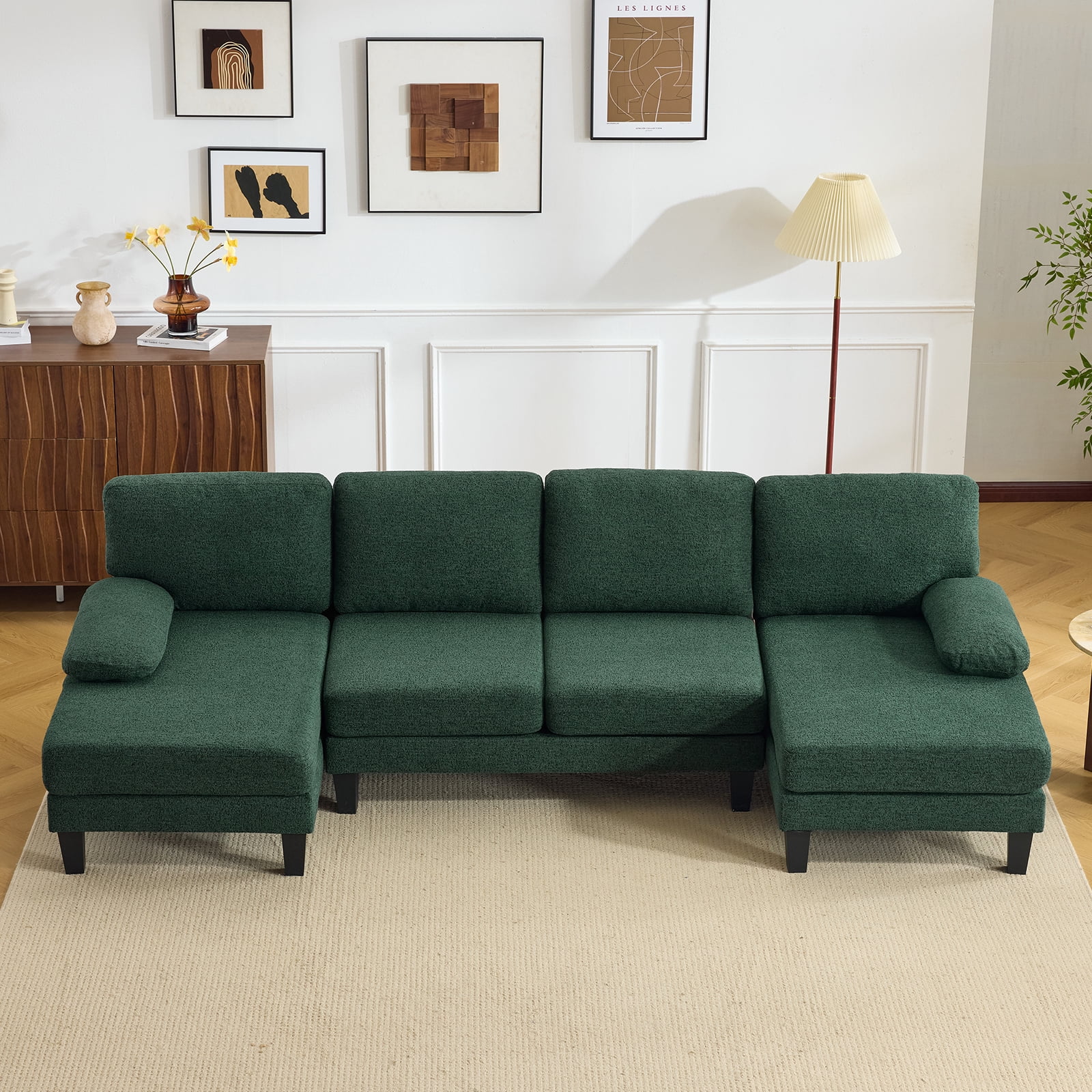 U-Shaped Convertible Sectional Sofa with 2 Chaise Lounges, 4-Seater Modular Couch with Removable & Washable Chenille Covers, L-Shaped Couches for Living Room Apartment, Heavy Duty Plastic Legs