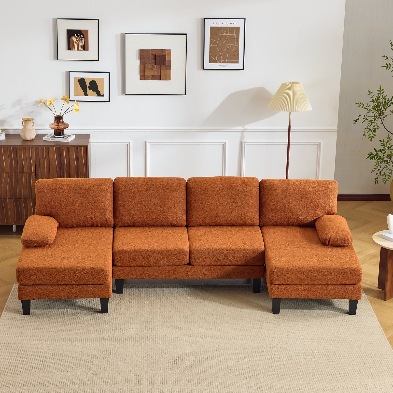 U-Shaped Convertible Sectional Sofa with 2 Chaise Lounges, 4-Seater Modular Couch with Removable & Washable Chenille Covers, L-Shaped Couches for Living Room Apartment, Heavy Duty Plastic Legs