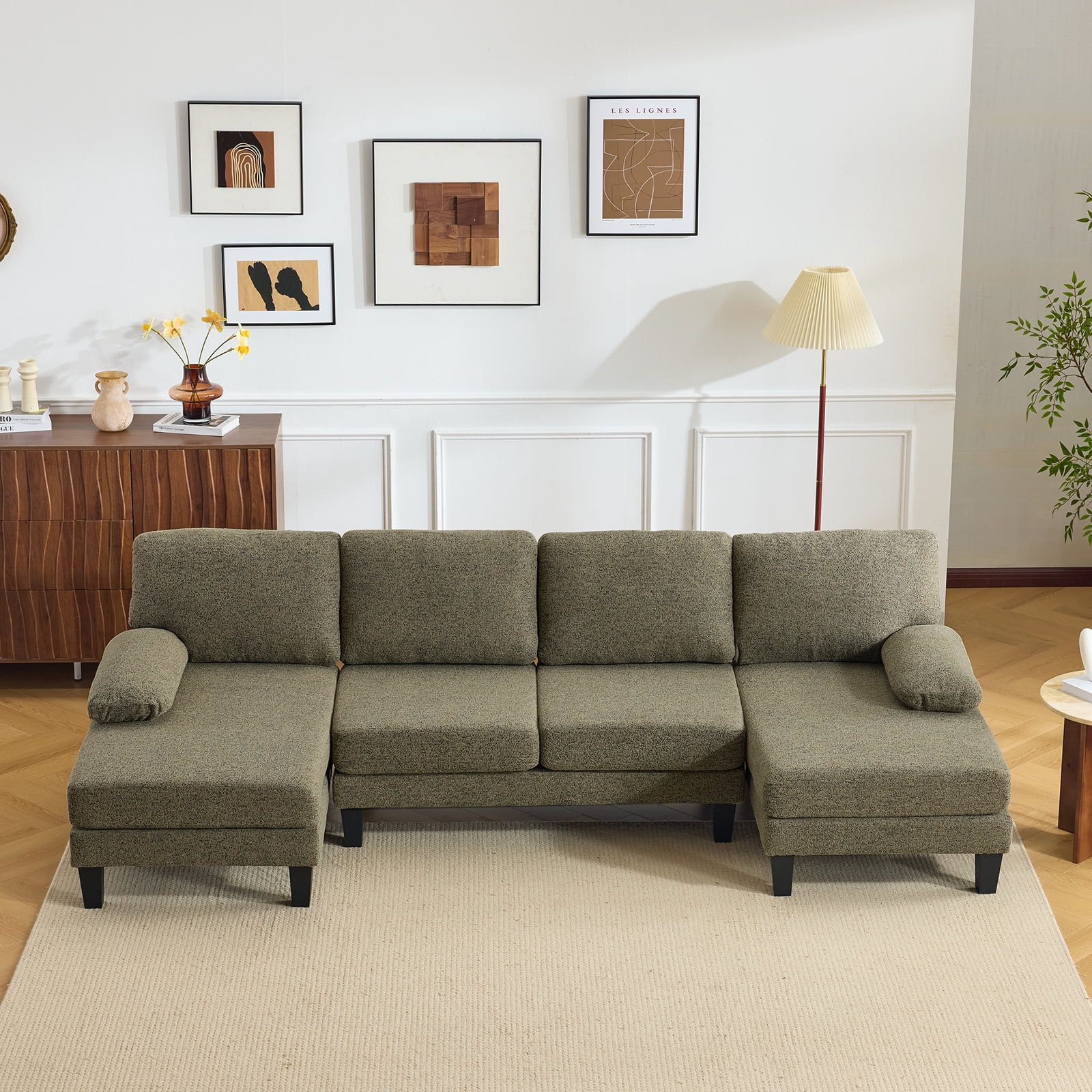 U-Shaped Convertible Sectional Sofa with 2 Chaise Lounges, 4-Seater Modular Couch with Removable & Washable Chenille Covers, L-Shaped Couches for Living Room Apartment, Heavy Duty Plastic Legs