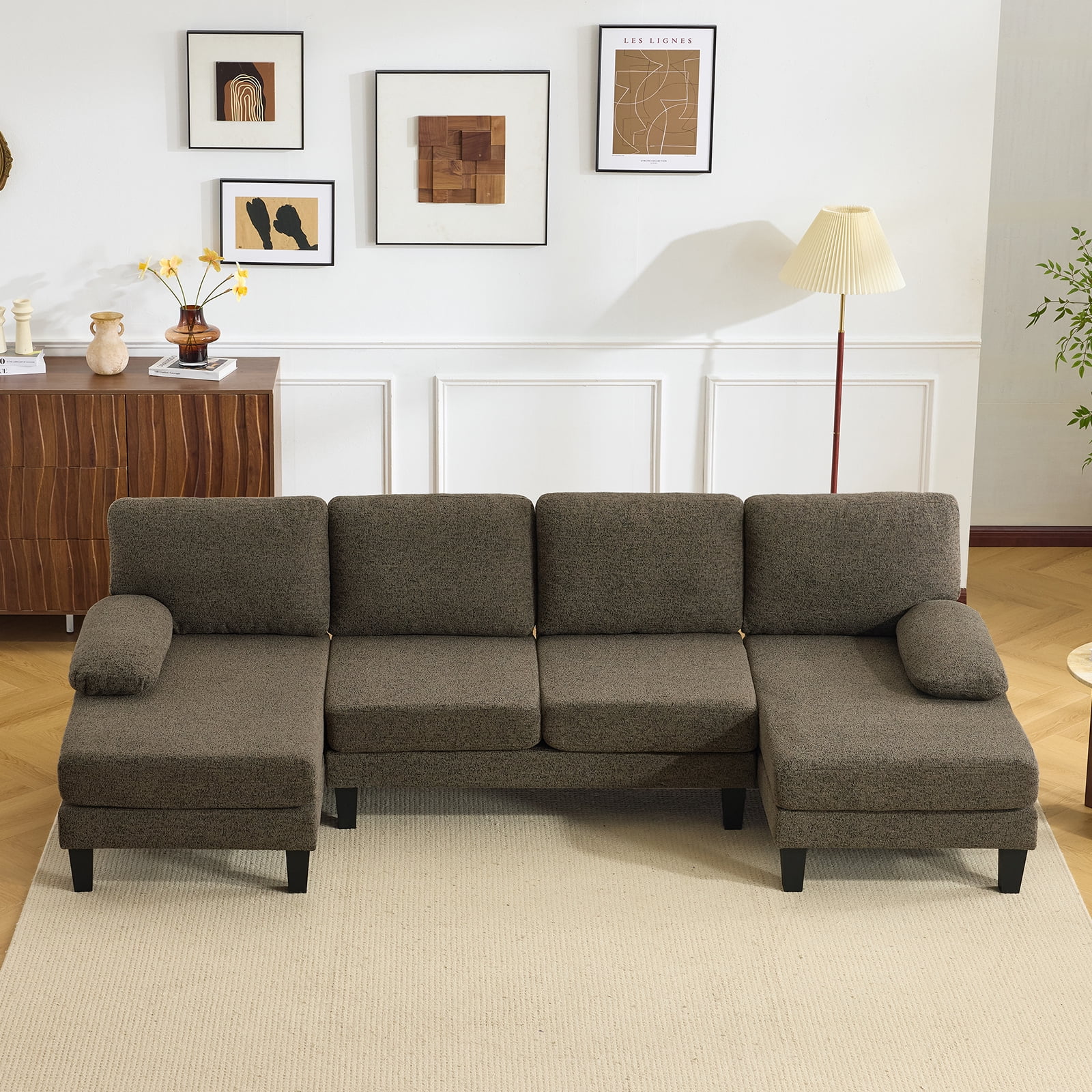 U-Shaped Convertible Sectional Sofa with 2 Chaise Lounges, 4-Seater Modular Couch with Removable & Washable Chenille Covers, L-Shaped Couches for Living Room Apartment, Heavy Duty Plastic Legs