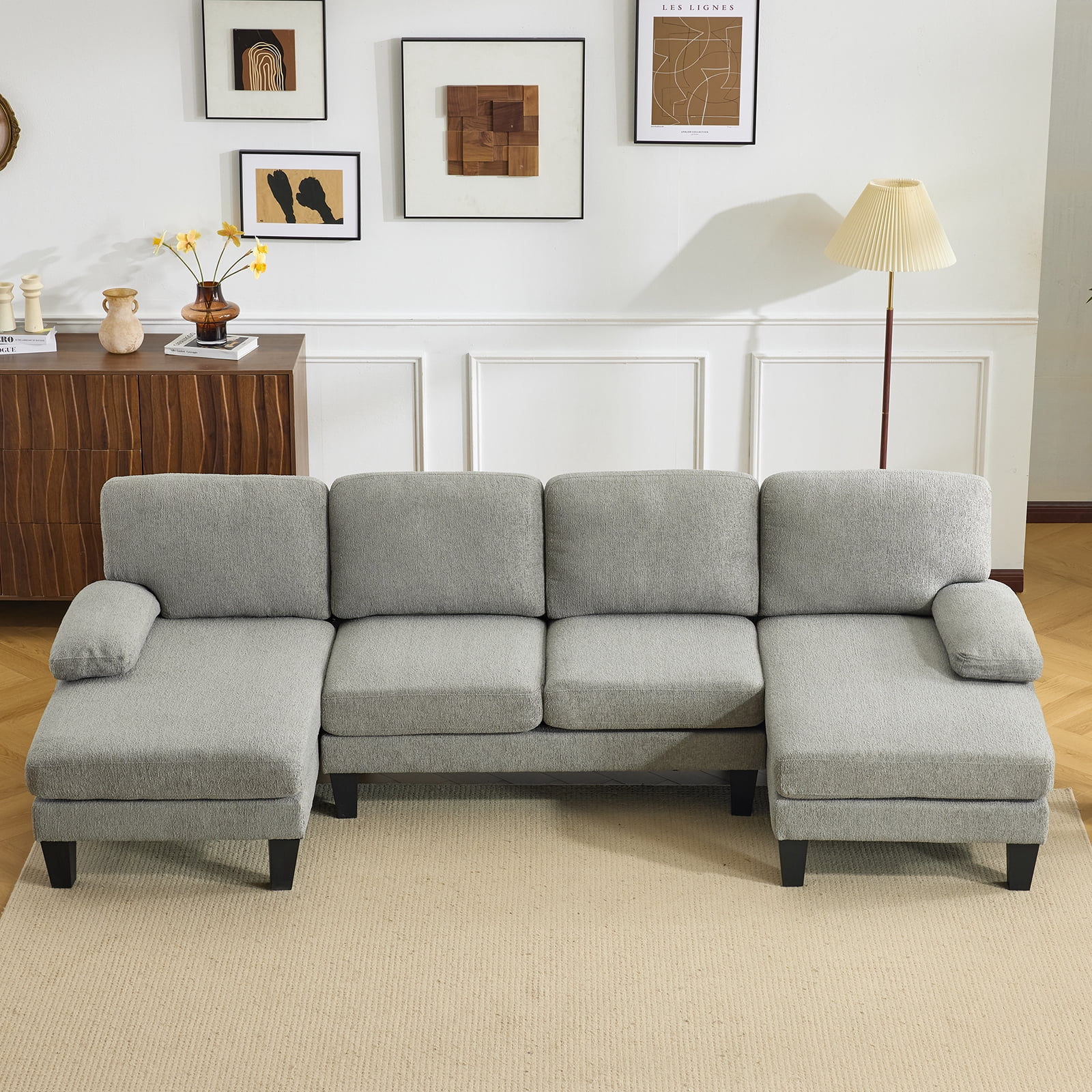 U-Shaped Convertible Sectional Sofa with 2 Short Chaise Lounges, 4-Seater Modular Chenille Fabric Couch with Plastic Legs, Indoor Living Room Combination Sofa