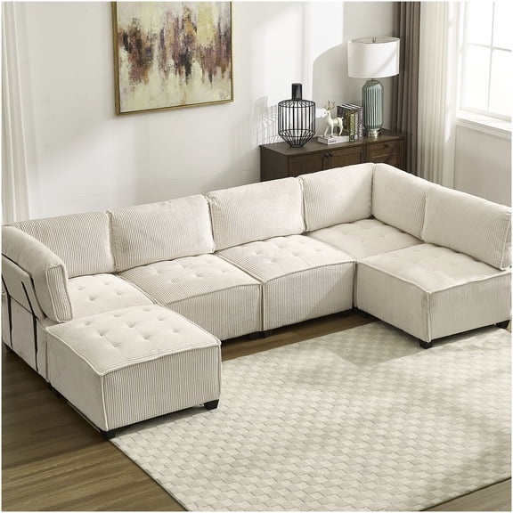 U-Shaped Convertible Sectional Sofa with Reversible Chaise, 6-Seater Beige Corduroy Couch for Large Living Rooms