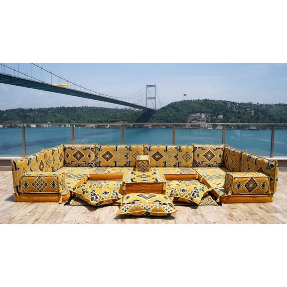U Shaped Convertible Yellow Sofa, Floor Pillows, Turkish Sofa Seating, Sleeper Sofa, Arabic Majlis, Floor Cushion Seating, Modular Sofas
