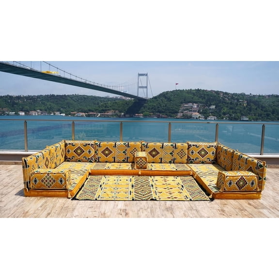 U Shaped Convertible Yellow Sofa, Floor Pillows, Turkish Sofa Seating, Sleeper Sofa, Arabic Majlis, Floor Cushion Seating, Modular Sofas