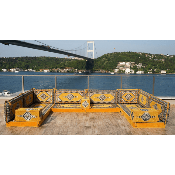 U Shaped Convertible Yellow Sofa, Floor Pillows, Turkish Sofa Seating, Sleeper Sofa, Arabic Majlis, Floor Cushion Seating