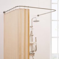 U Shaped Corner Shower Curtain Rod, [Both Sides: 23.6"-52", Middle: 31"-46.7"] Adjustable U Shape Outdoor Curtain Rod for Bathroom with 12 Ring Hooks & Ceiling Support - Brushed Nickel