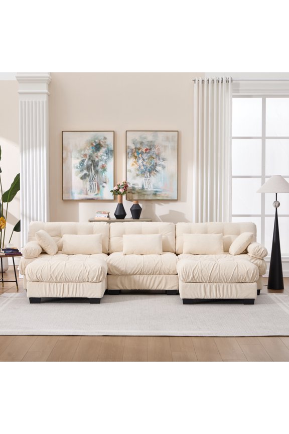 U Shaped Couch Modular Sectional Sofa, Modern Deep Seat Cloud Couch, 3-Seater Modular Couches for Living Room, Comfy advanced flannelette Sofa Bed with Round Armrests 5 Pillows,Sofas for Bedroom No.2