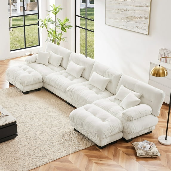 U Shaped Couch Sectional Couch, 4-Seater Cloud Couch Sectional Oversized Couch, Sofa Bed Couch with Round Bolster Armrests 6 Pillows, Modular Couch Home Sofa Living Room Couch